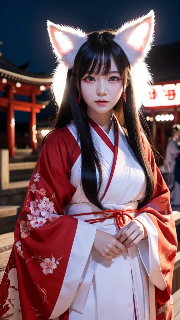 White Demon Fox、Nine-tailed Fox、Japanese women、kimono、Fair skin、Red lines on face、8K、I have long hair、night