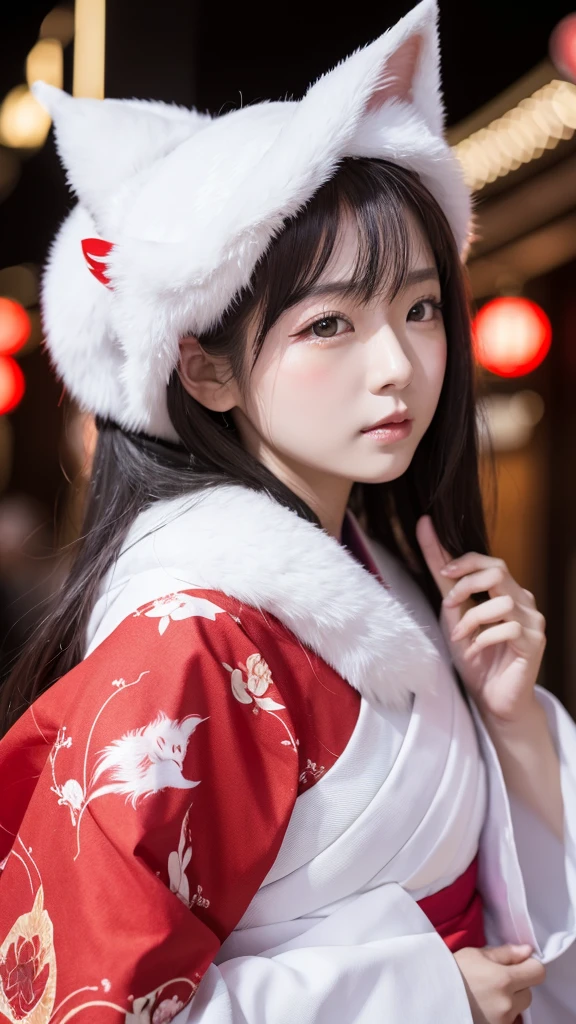 White Demon Fox、Nine-tailed Fox、Japanese women、kimono、Fair skin、Red lines on face、8K、I have long hair、night