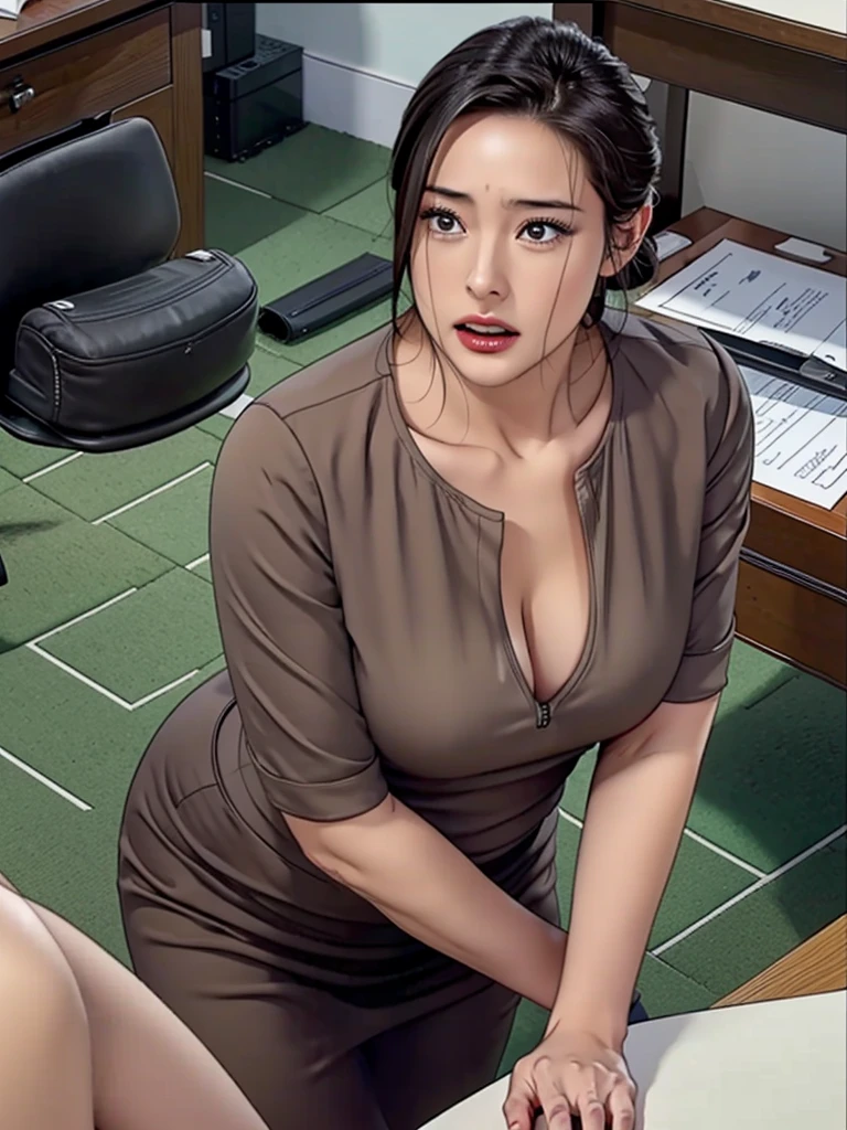 master piece,best quality,amy,queen bee, 
black hair,sunyoung,mature female,one woman,large breasts,cleavage,ornate office lady outfit,beautiful,bent over desk,Nsfw,roof top,
cheating,old man,