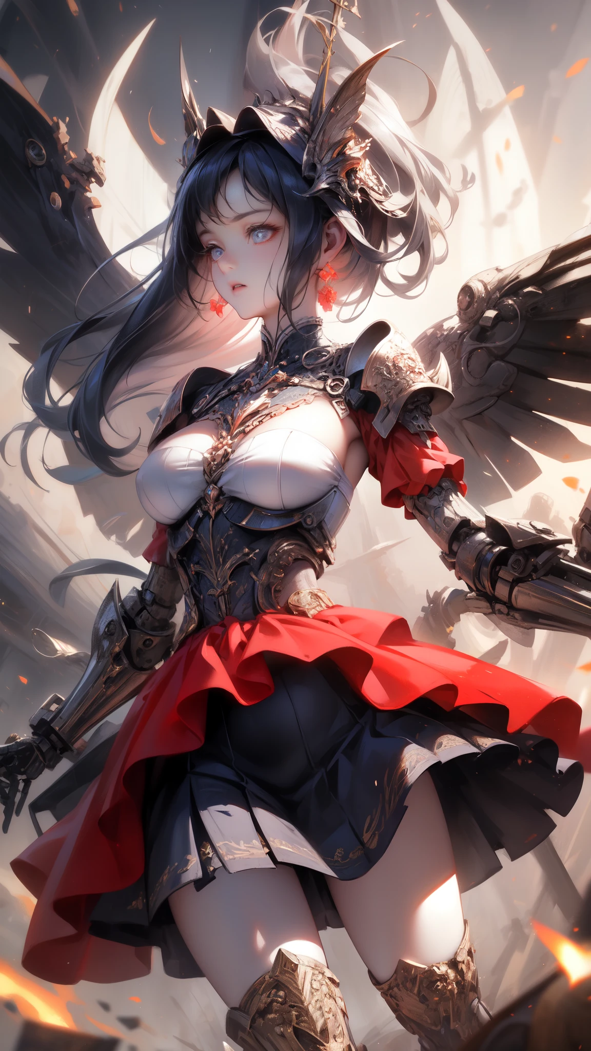 ((Highest quality)), ((Truly a masterpiece)), ((Ultra-detailed:1.4)), ((Ultra-Photorealistic 3D)), Android Magical Girl, Mechanical body, Dynamic action poses for battle scenes, Very complex and heavy fighter aircraft mechanical armament, Off-the-shoulder fashion that combines steampunk and gothic lolita with attention to detail, Intricate steampunk headgear, Very thin、Over-the-knee reggae mechanical boots、Fluttering lace flare mini skirt、 Beautiful small breasts directed upwards、Swaying in the Wind、Long, curly silver hair,、Countless large, shining spheres fly around、Lots of sparks cross and fly、Countless neon lights pouring down from the magical pose、Complex and precise mechanical Night City、Very dark background、Very dramatic and cinematic lighting、Big wings on the back8Growing in Sheets。