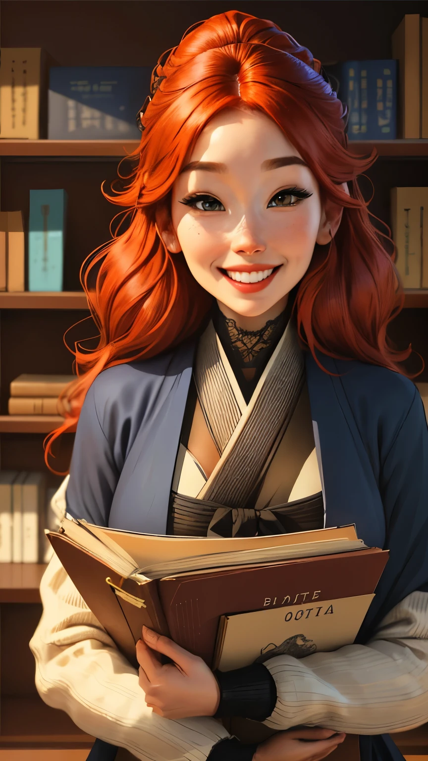 a woman standing in front of a bookshelf filled with books, pixiv, shin hanga, really large bust, smiling!! fantasy, beatrice blue, cyarine, cutecore, hyperrealistic , redhead girl, big breasts!, portrait of ta, small library, featured art, medibang, beautiful maiden, grinning lasciviously, sam yang