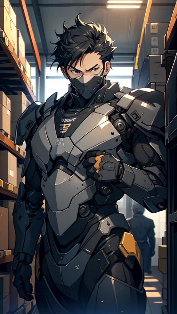 silence，Looking at the items in the warehouse，Warehouse full of supplies，It's dark all around，End of the World，an adult male，youth，Black short hair，look around，Wearing a sophisticated dark gray mecha armor suit，The armor suit has huge and thick limbs，Only the male youth’s hair and face are exposed，Upper body close-up