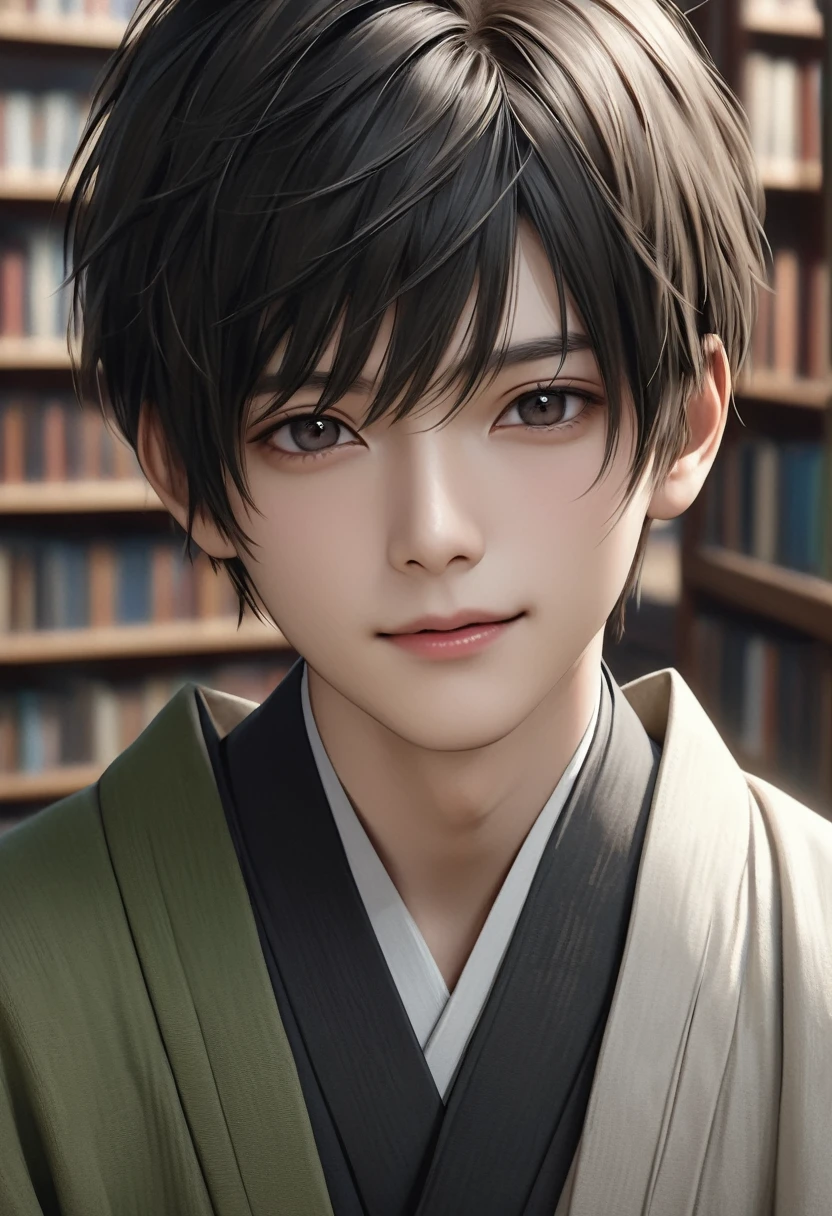 high quality, detailed, Realistic,(one  japanese sage boy:1.5), (detailed black eyes), (black short hair), library,(smile:0.8), best quality, 4k, 8k, highres, (masterpiece:1.2),ultra-detailed, (realistic, photorealistic, photo-realistic:1.37), (face close up:0.7),--no watch,