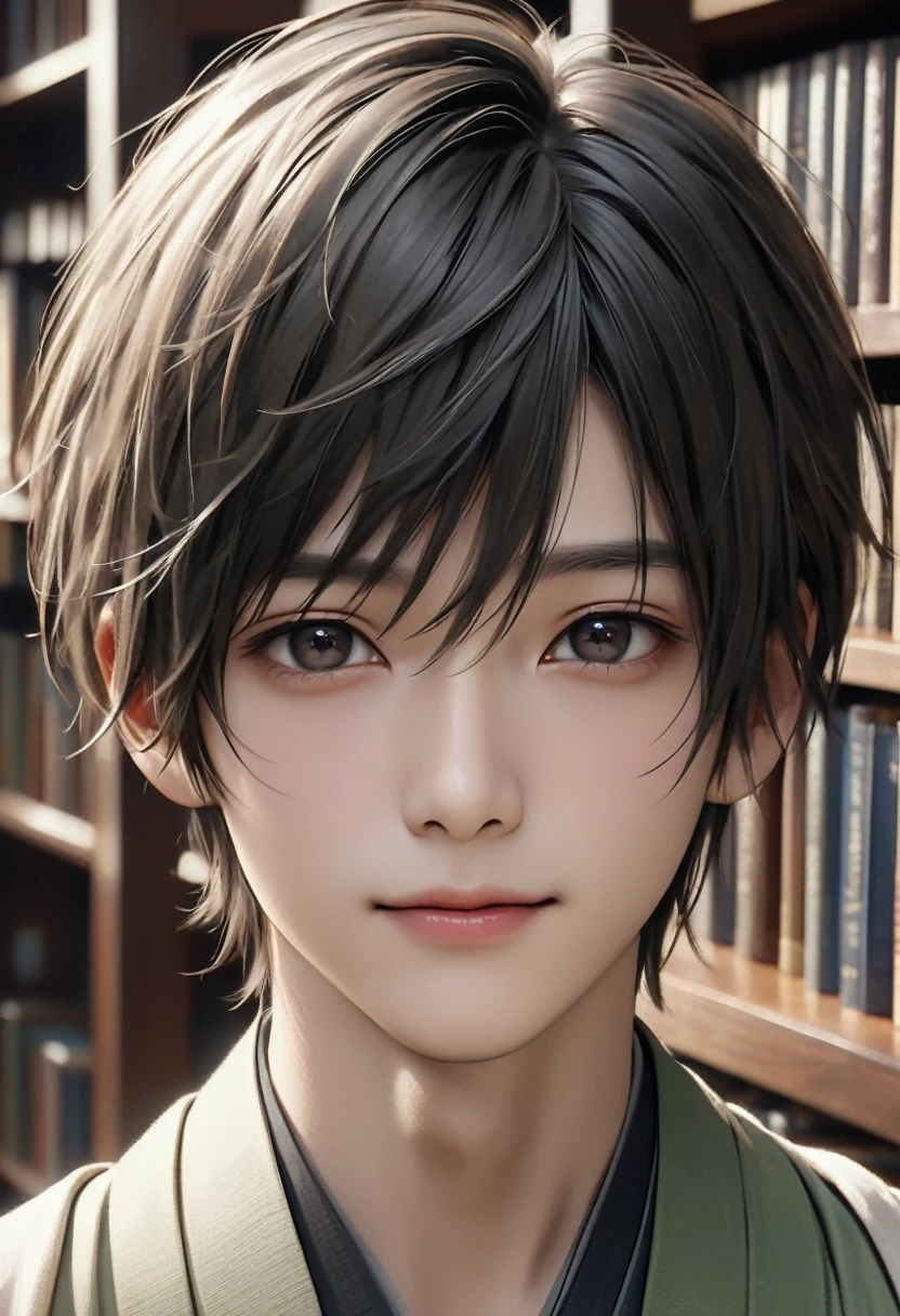 high quality, detailed, Realistic,(one 16 years old japanese sage boy:1.5), (detailed black eyes), (black short hair), library,(smile:0.8), best quality, 4k, 8k, highres, (masterpiece:1.2),ultra-detailed, (realistic, photorealistic, photo-realistic:1.37), (face close up:0.7),--no watch,