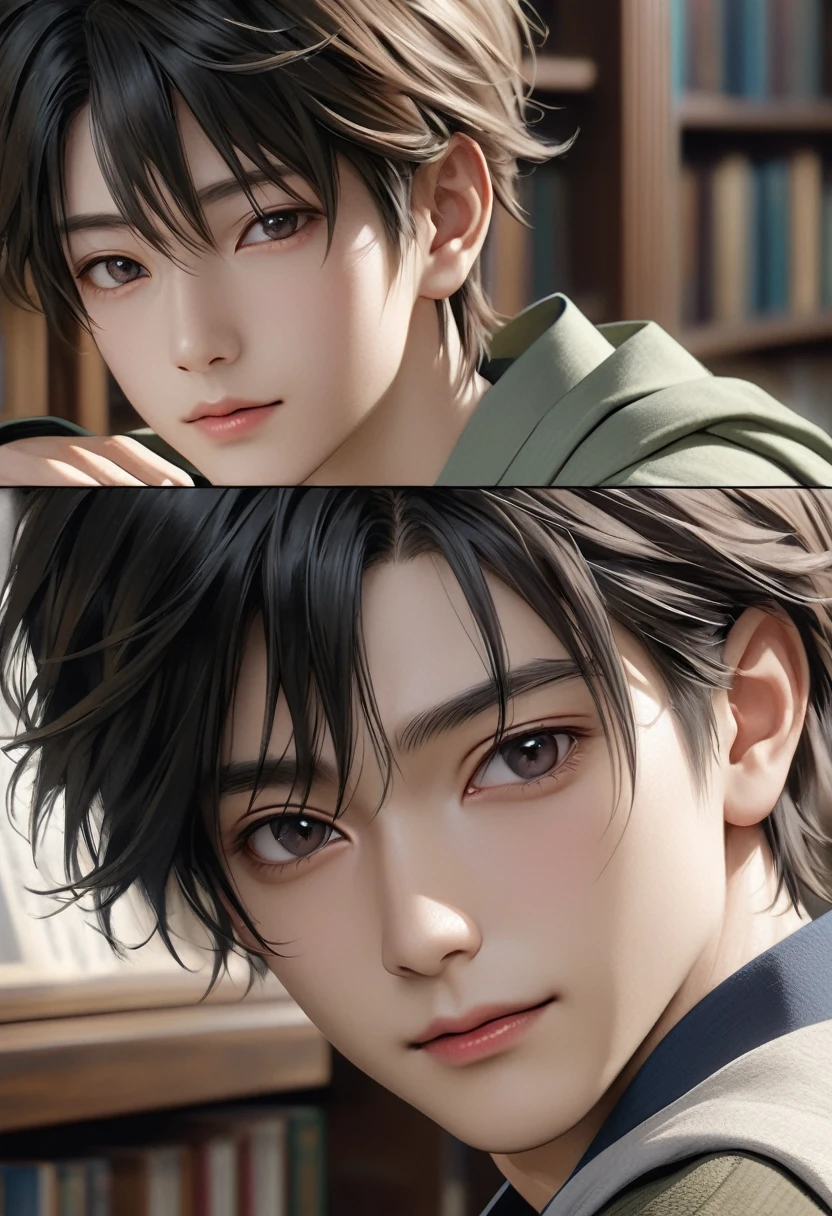 high quality, detailed, Realistic,(one 16 years old japanese sage boy:1.5), (detailed black eyes), (black short hair), library,(smile:0.8), best quality, 4k, 8k, highres, (masterpiece:1.2),ultra-detailed, (realistic, photorealistic, photo-realistic:1.37), (face close up:0.7),--no watch,