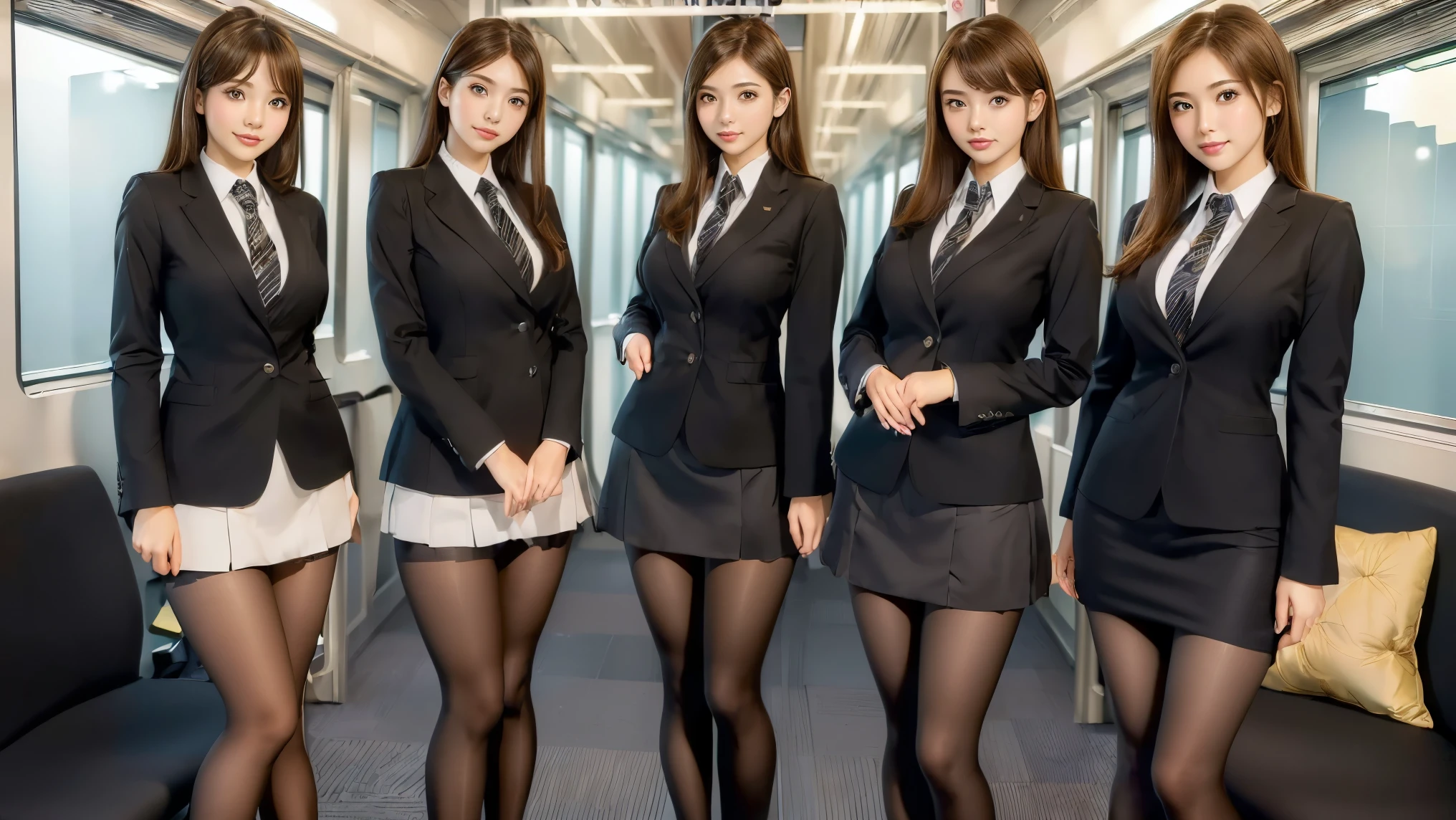 (best quality, masterpiece:1.5), (ultra-detailed, realistic:1.37),4K,(5girls:1.5),japanese,cute,beautiful,(office suits:1.3),(miniskirt:1.2)),(black pantyhose:1.2),smile,standing,perfect hands,perfect fingers,perfect legs,from below,in the train
