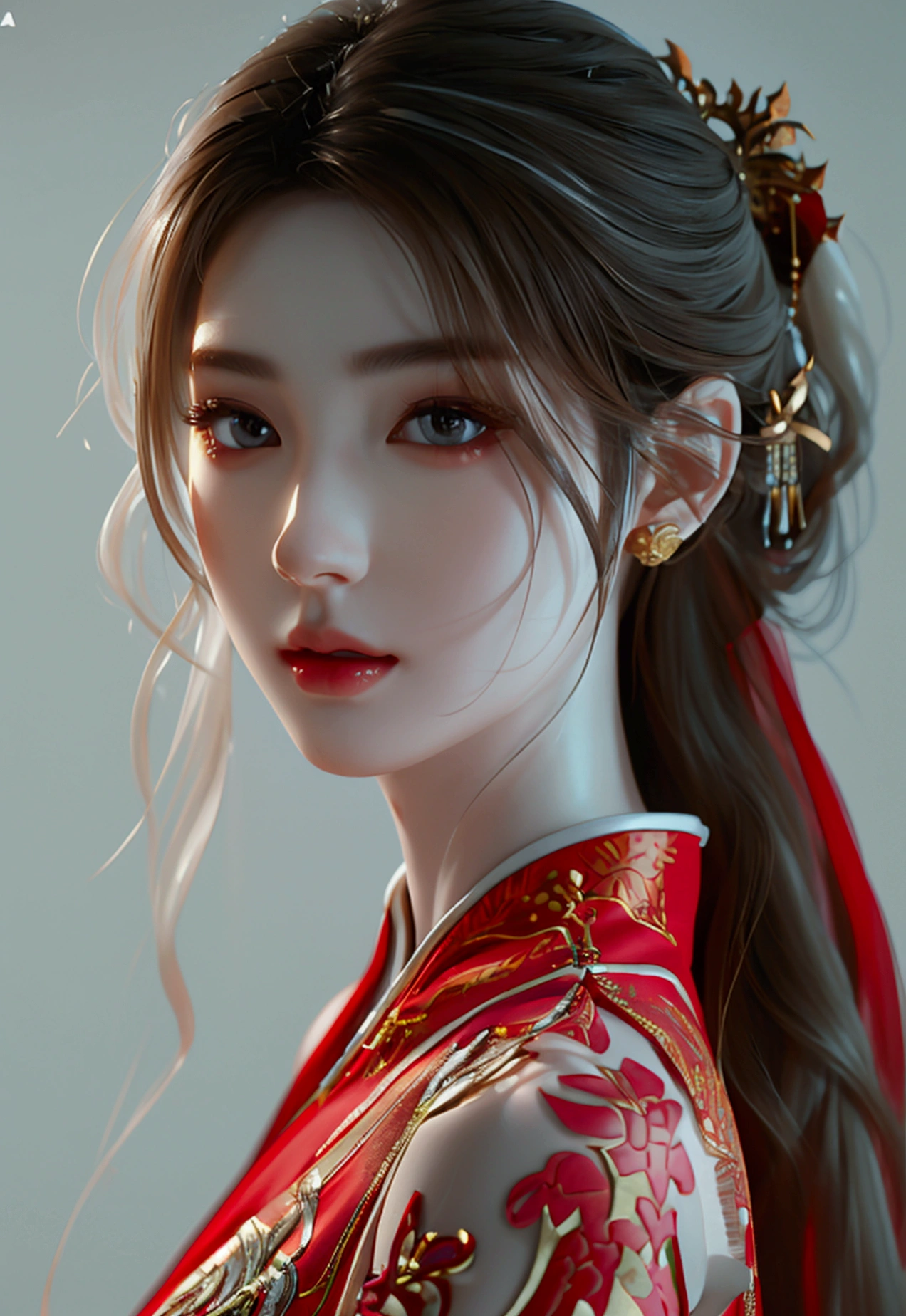 4K, UHD, Masterpiece, 1 woman, perfect body, Good page., long hairมาก, ((white skin)), red chinese dress, bare waist, depth of field, Ray Tracing, Ultra Realistic Details, Attractive poses,She has a slim, beautiful, and delicate face.., sharp eyes, long hair, responsive face, high nose, and thin lips, Her skin was white and radiant.., She has light brown hair.., And her figure was slim and slightly muscular., detailed clothing Fine texture glowing sunlight Tyndall effect High contrast between light and dark, professional, very special details. Physical rendering, bright colors, studio lighting