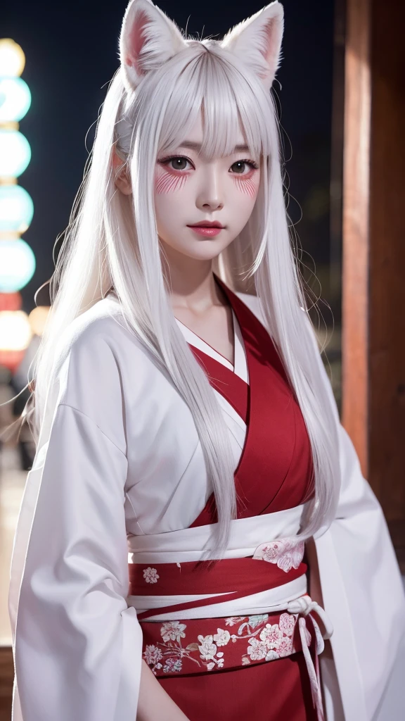 White Demon Fox、Nine-tailed Fox、Japanese women、kimono、Fair skin、Red lines on face、8K、I have long hair、night