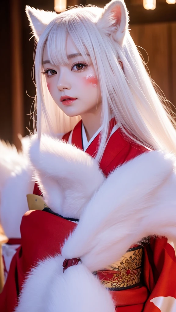 White Demon Fox、Nine-tailed Fox、Japanese women、kimono、Fair skin、Red lines on face、8K、I have long hair、night