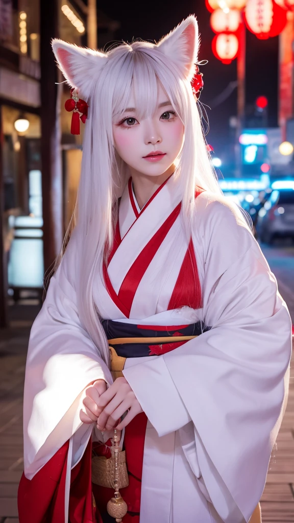 White Demon Fox、Nine-tailed Fox、Japanese women、kimono、Fair skin、Red lines on face、8K、I have long hair、night