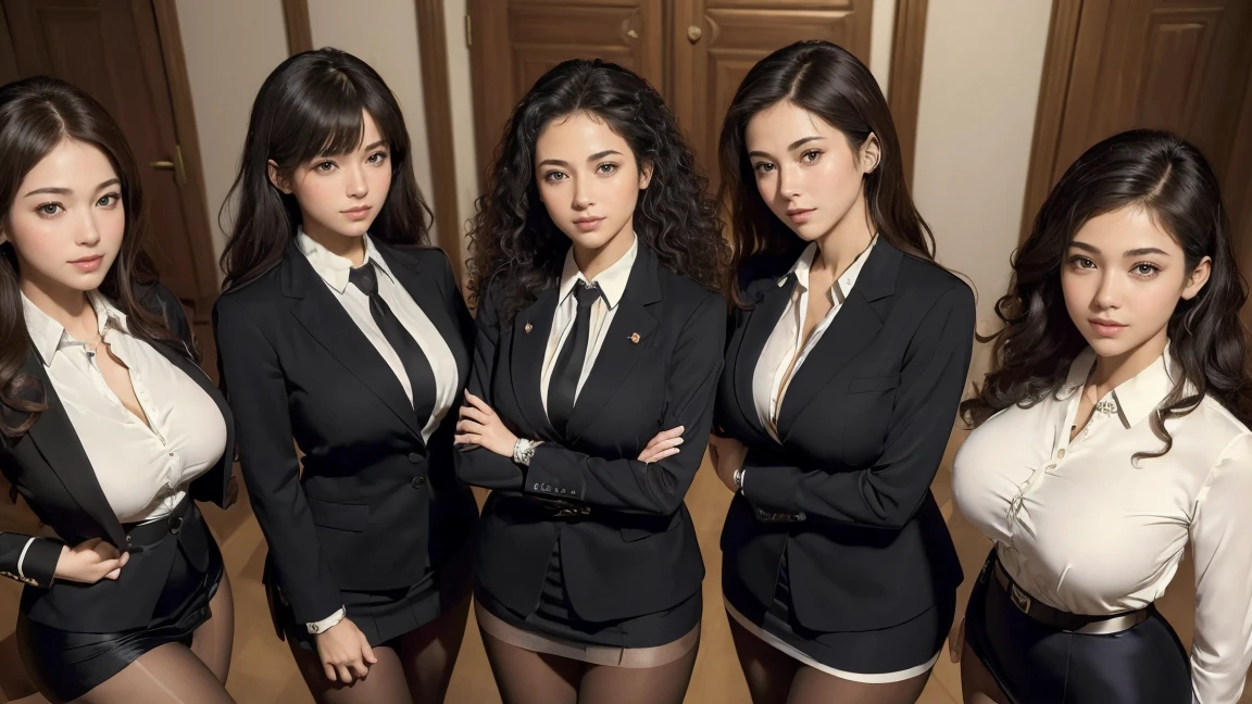 (best quality, masterpiece:1.5), (ultra-detailed, realistic:1.37),4K,(5woman:1.5),(smile:1.2),(group photo),japanese,cute,beautiful,curly hair,(big breast),(silk office suits),skirt,blouse,(black pantyhose),beauty legs,(sexy pose:1.1),(crossed arms:1.2),(angle from above:1.2),