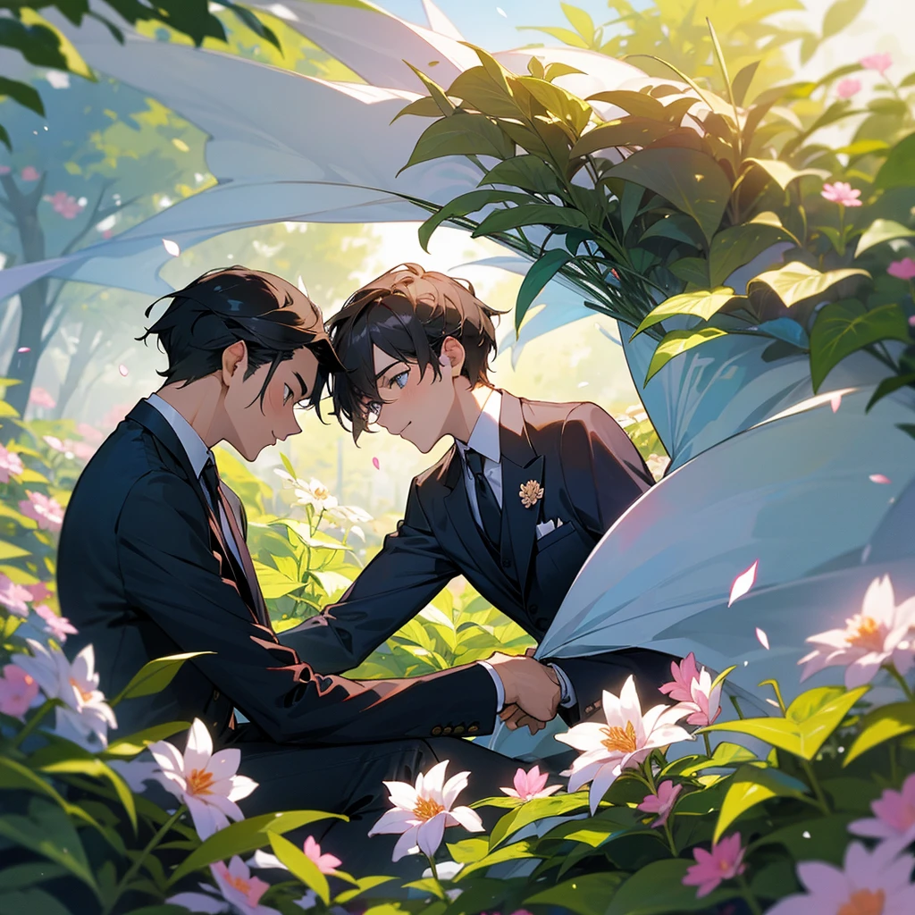 Two male office workers in suits in a flower-filled garden