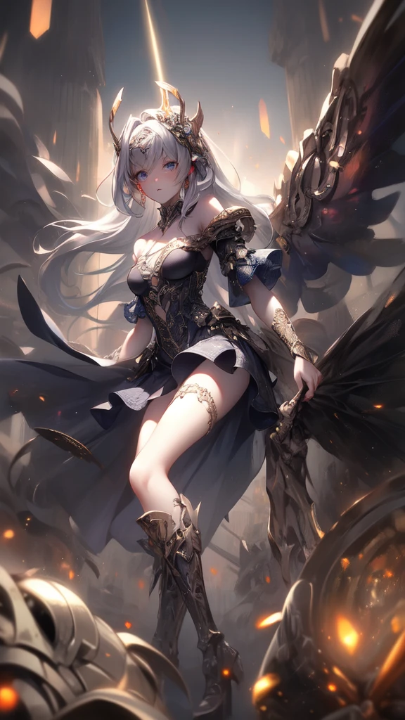 ((Highest quality)), ((Truly a masterpiece)), ((Ultra-detailed:1.4)), ((Ultra-Photorealistic 3D)), Android Magical Girl, Mechanical body, Dynamic action poses for battle scenes, Very complex and heavy fighter aircraft mechanical armament, Off-the-shoulder fashion that combines steampunk and gothic lolita with attention to detail, Intricate steampunk headgear, Very thin、Over-the-knee reggae mechanical boots、Fluttering lace flare mini skirt、 Beautiful small breasts directed upwards、Swaying in the Wind、Long, curly silver hair,、Countless large, shining spheres fly around、Lots of sparks cross and fly、Countless neon lights pouring down from the magical pose、Complex and precise mechanical Night City、Very dark background、Very dramatic and cinematic lighting、Big wings on the back8Growing in Sheets。