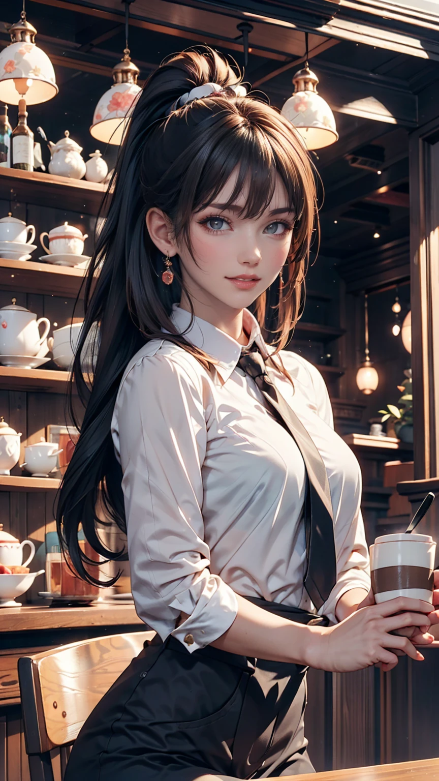 girl, Black Hair, sister, Tie your hair into a ponytail、Smile at the speaker, High-quality images, masterpiece, beautiful girl, Cafe,