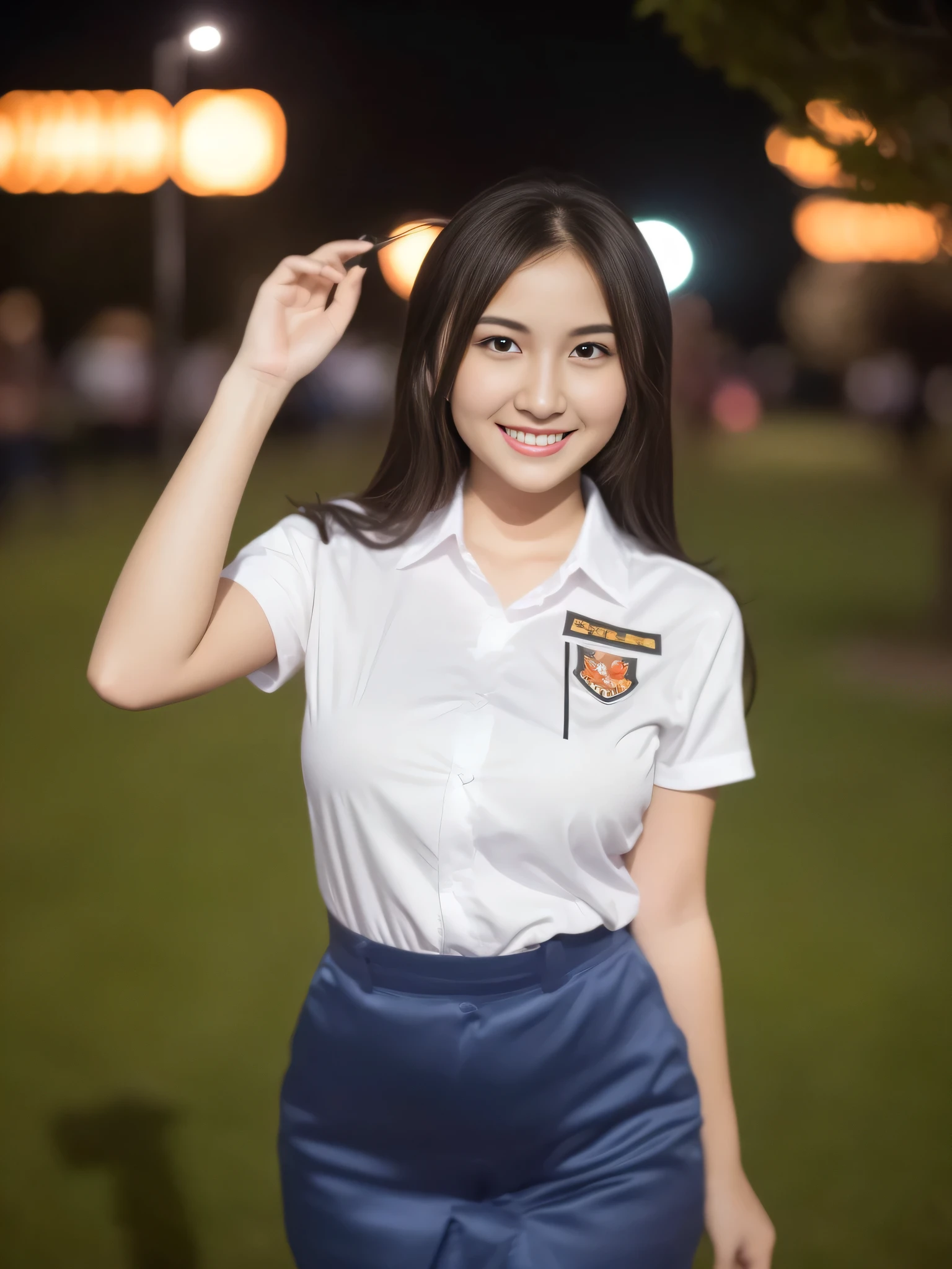 1girl, (uniform), standing, outdoors, night view, detailed Metropolitan city at the background, (Overhead view:1.2), (zoom out: 1.2), detailed face, cute little smile, detailed eyes, thick large breasts, smooth realistic skin, semi-curvy body, white shirt, grey blue short skirt, looking at the audience, (8k, RAW photo, best quality, masterpiece: 1.3), (realistic, realistic: 1.37), ultra-high resolution