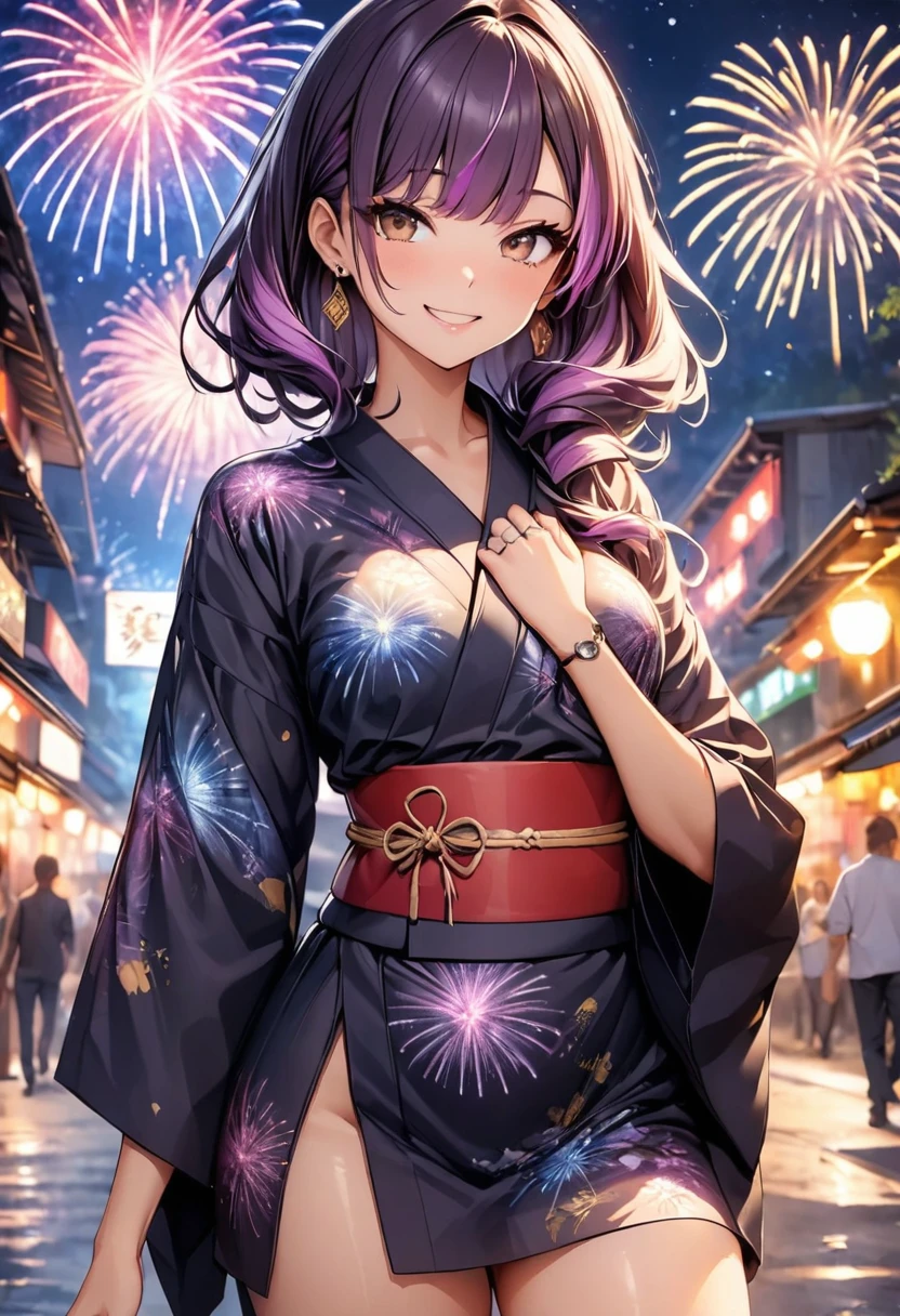 (highest quality:1.2, Very detailed, up to date, Vibrant, Ultra-high resolution, High Contrast, masterpiece:1.2, highest quality, Best aesthetics), Portraiture、girl、25-years-old, Bright colors、Beautiful fine details、Beautiful lip detail、long hair、black and purple ((streaked hair:1.6)), highlights hair: 1.5, brown eyes, ring earrings, ((slim body:1.2)), (small breast:0.7), (dark skin:0.5), (traditional yukata:1), floral pattern yukata, yellow color, thick red obi, smile, There is a galaxy in the dark night sky, (Splendid fireworks bloom in the dark night sky),(Masterpiece fireworks),(many Colorful fireworks explode in the sky), Fireworks large and small, cowboy shot:1.5, look at viewer