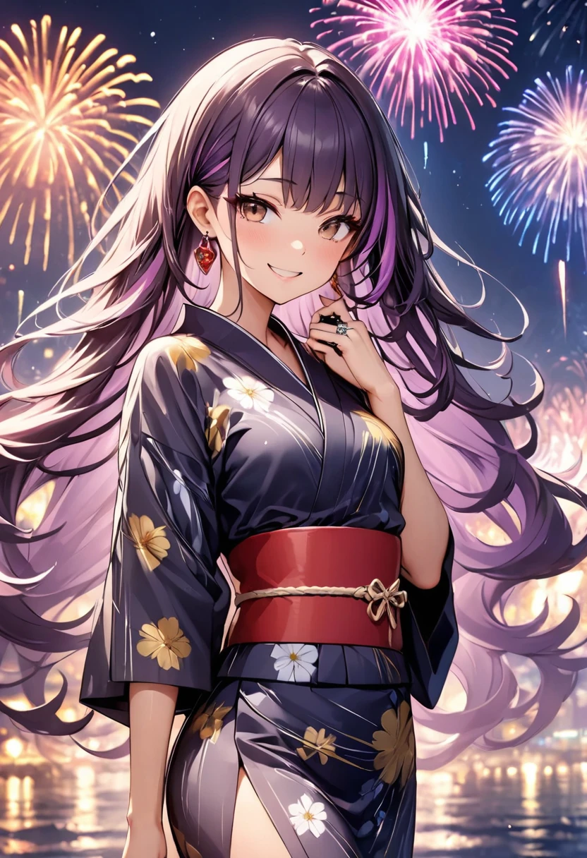 (highest quality:1.2, Very detailed, up to date, Vibrant, Ultra-high resolution, High Contrast, masterpiece:1.2, highest quality, Best aesthetics), Portraiture、girl、25-years-old, Bright colors、Beautiful fine details、Beautiful lip detail、long hair、black and purple ((streaked hair:1.6)), highlights hair: 1.5, brown eyes, ring earrings, ((slim body:1.2)), (small breast:0.7), (dark skin:0.5), (traditional yukata:1), floral pattern yukata, yellow color, thick red obi, smile, There is a galaxy in the dark night sky, (Splendid fireworks bloom in the dark night sky),(Masterpiece fireworks),(many Colorful fireworks explode in the sky), Fireworks large and small, cowboy shot:1.5, look at viewer