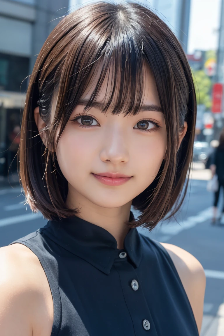 masterpiece、1 girl、View from the front、Japanese、Very cute woman、(The cutest girl in the world)、30 year old student、Makes your face smaller、smile、Very cute face、Glossy Lips、Double eyelids on both eyes、Natural Makeup、Long eyelashes、Shiny and smooth light brown hair、bangs、Center image、8k resolution、Advanced Details、Detailed hairstyle、Detailed face、Great cinema lighting、Vibrant、Ultra-realistic、Perfect limbs、Perfect Anatomy, Spring 2024, Tokyo, Popular summer clothes, The background is Shibuya、Cool clothes