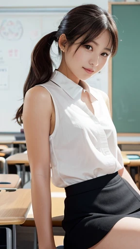 To create an image based on the provided photo, the following detailed prompt can be used:

"A young woman sits at a classroom desk with a relaxed yet focused expression. She has long, straight, brown hair tied back in a low ponytail. She wears a sleeveless white blouse with delicate lace details around the collar and shoulders, paired with a short skirt. She is leaning slightly forward, appearing to write or mark papers on the desk in front of her. On the desk, there is a black document holder, a pink pencil holder, and some colored pencils. The background features a blackboard with some Japanese text and mathematical drawings. The setting gives the impression of a teacher or student in a classroom environment, with soft lighting creating a warm atmosphere."

This description should provide a clear visualization for generating a similar image.