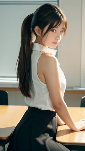 To create an image based on the provided photo, the following detailed prompt can be used:

"A young woman sits at a classroom desk with a relaxed yet focused expression. She has long, straight, brown hair tied back in a low ponytail. She wears a sleeveless white blouse with delicate lace details around the collar and shoulders, paired with a short skirt. She is leaning slightly forward, appearing to write or mark papers on the desk in front of her. On the desk, there is a black document holder, a pink pencil holder, and some colored pencils. The background features a blackboard with some Japanese text and mathematical drawings. The setting gives the impression of a teacher or student in a classroom environment, with soft lighting creating a warm atmosphere."

This description should provide a clear visualization for generating a similar image.