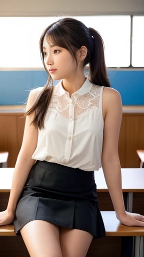 To create an image based on the provided photo, the following detailed prompt can be used:

"A young woman sits at a classroom desk with a relaxed yet focused expression. She has long, straight, brown hair tied back in a low ponytail. She wears a sleeveless white blouse with delicate lace details around the collar and shoulders, paired with a short skirt. She is leaning slightly forward, appearing to write or mark papers on the desk in front of her. On the desk, there is a black document holder, a pink pencil holder, and some colored pencils. The background features a blackboard with some Japanese text and mathematical drawings. The setting gives the impression of a teacher or student in a classroom environment, with soft lighting creating a warm atmosphere."

This description should provide a clear visualization for generating a similar image.