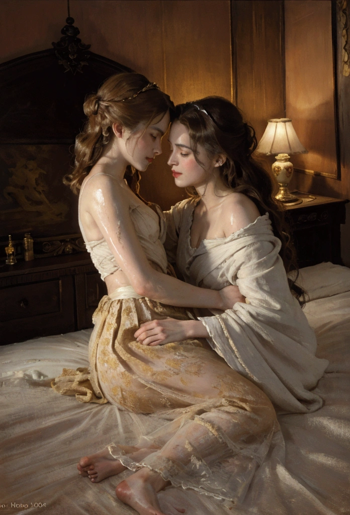 Create a memorable Emma Watson look (Hermione Granger) and Natalie Portman 9padme amidala), side by side outside the spaceship, resting on the bed, resting on the bed,  silently looking at the horizon, where the warm hues of the setting sun paint the sky in nostalgic colors. cinematic lighting. boxer briefs, loose top tank. hug. kiss. passionate gentle kiss on the lips. kissing. looking at each other. grabbing buttocks. by mutual agreement. bliss. The technique of chiaroscuro in the illustration of elegant antique works , wet hair, vintage, creepy, matte painting, Hannah Dale, author Harumi Hironaka, extremely soft colors, Bright, very detailed, Digital illustrations , high contrast, dramatic, exquisite, tonal, Emotional expression, Golden ratio