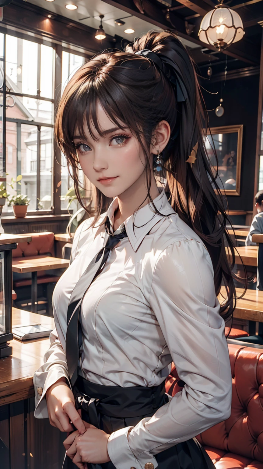girl, Black Hair, sister, Tie your hair into a ponytail、Smile at the speaker, High-quality images, masterpiece, beautiful girl, Cafe,