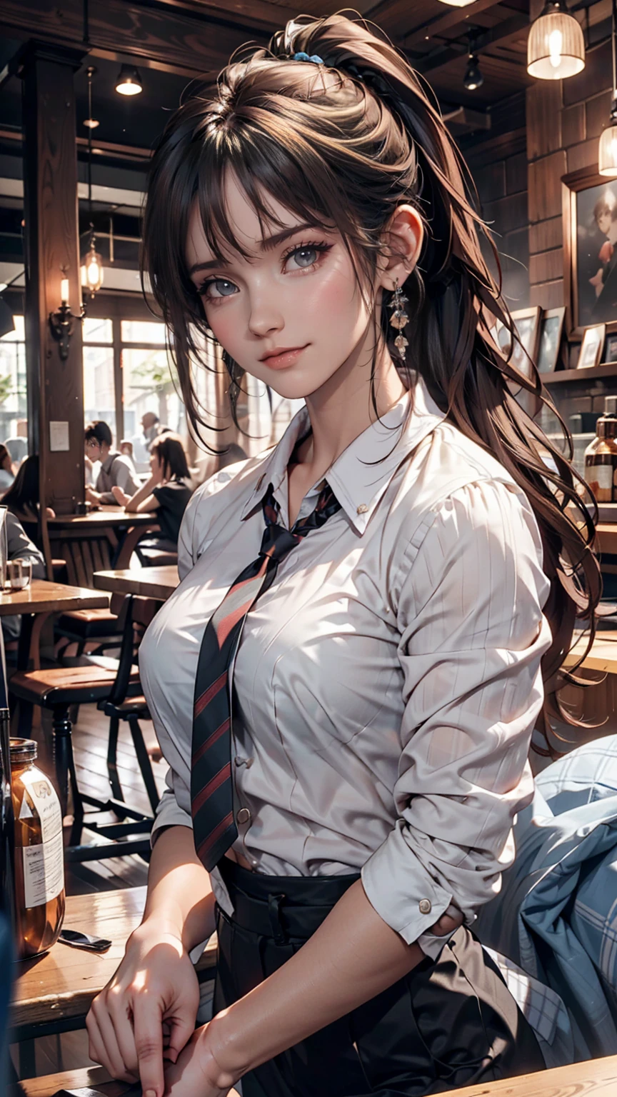 girl, Black Hair, sister, Tie your hair into a ponytail、Smile at the speaker, High-quality images, masterpiece, beautiful girl, Cafe,