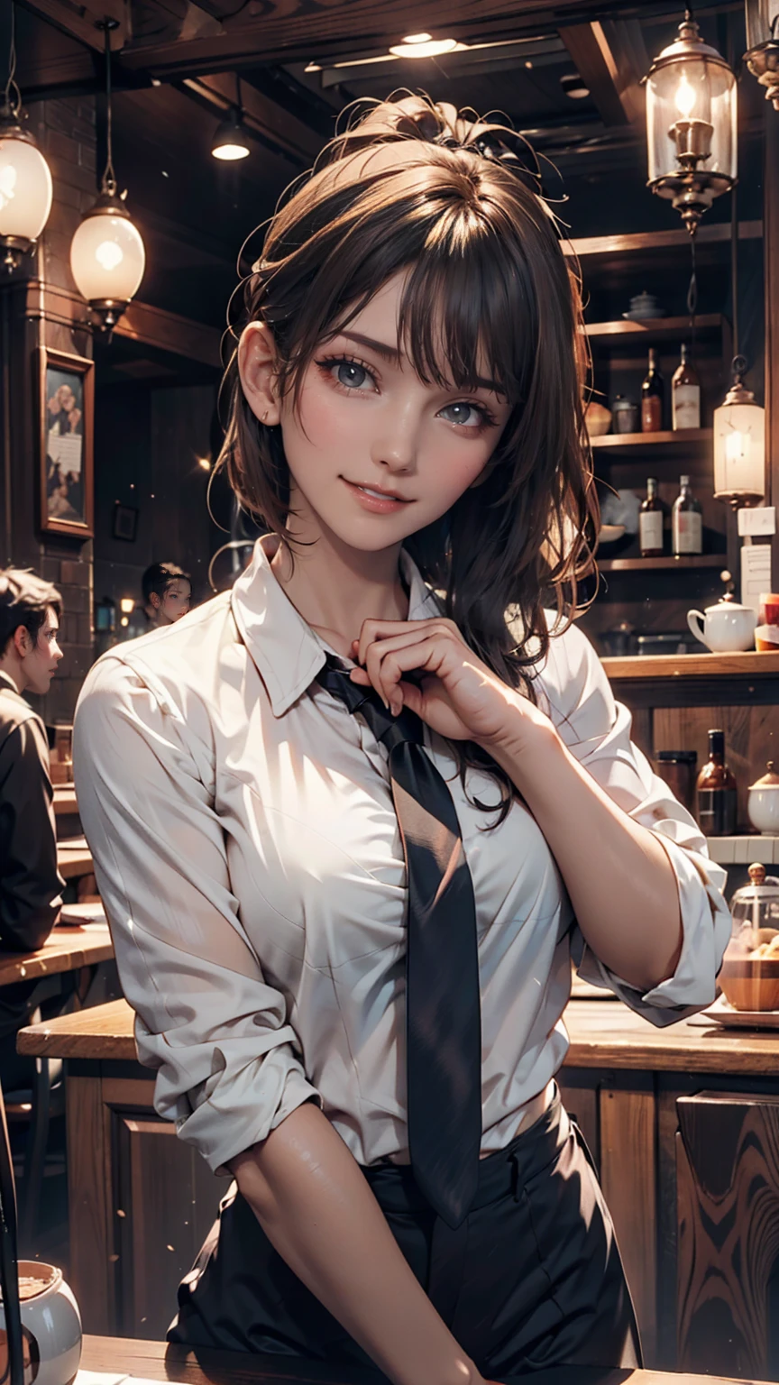 girl, Black Hair, sister, Tie your hair into a ponytail、Smile at the speaker, High-quality images, masterpiece, beautiful girl, Cafe,