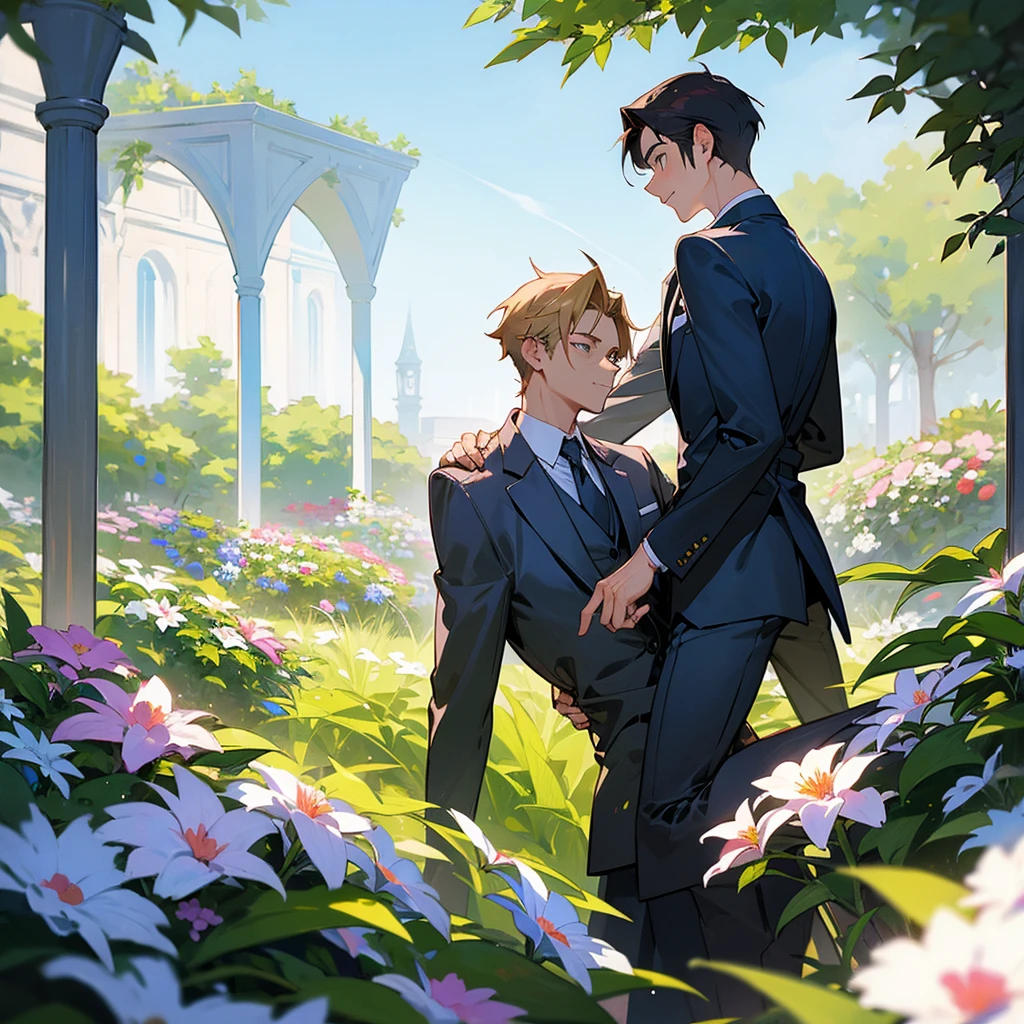 Two male office workers in suits in a flower-filled garden
