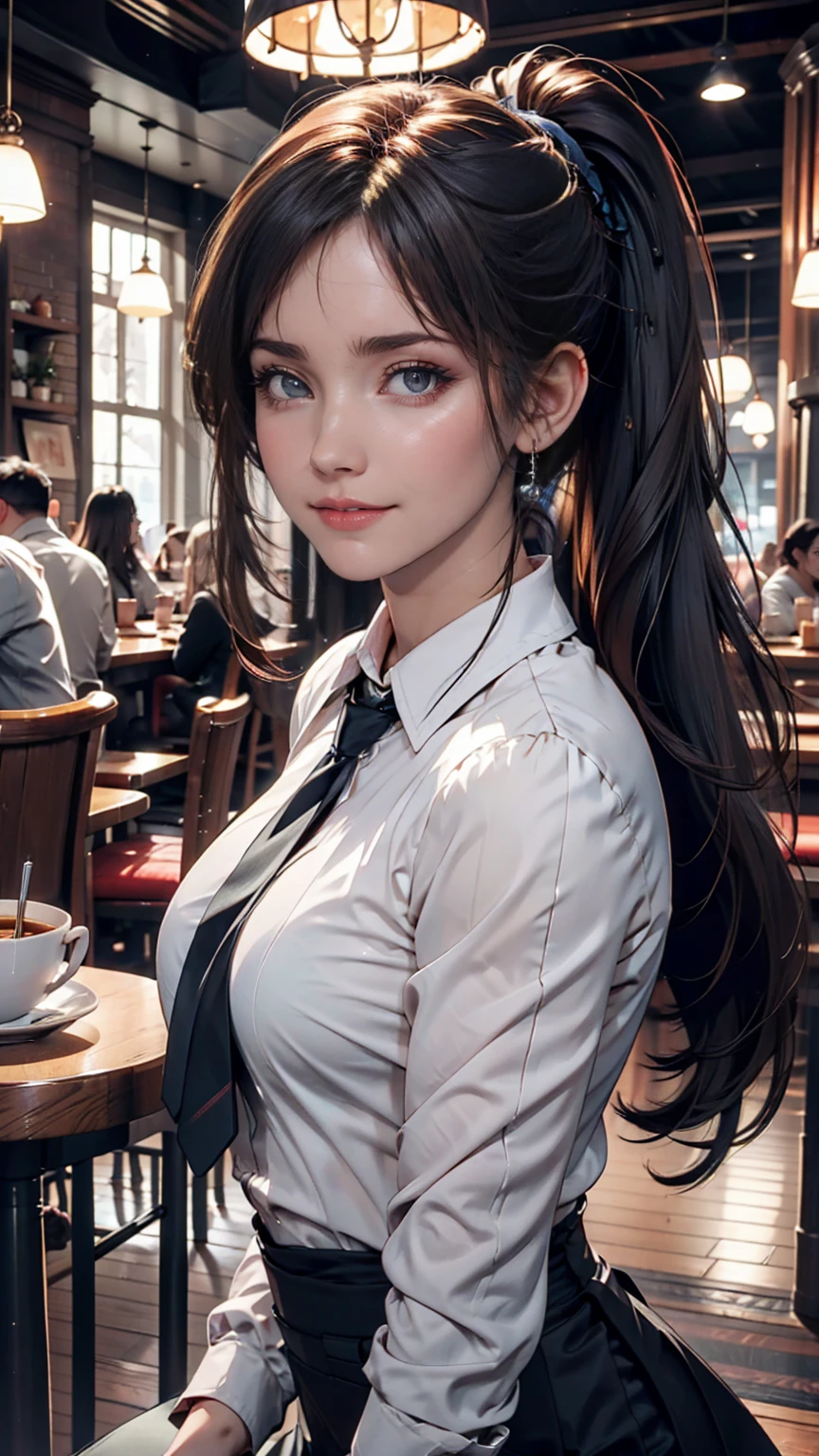 girl, Black Hair, sister, Tie your hair into a ponytail、Smile at the speaker, High-quality images, masterpiece, beautiful girl, Cafe,