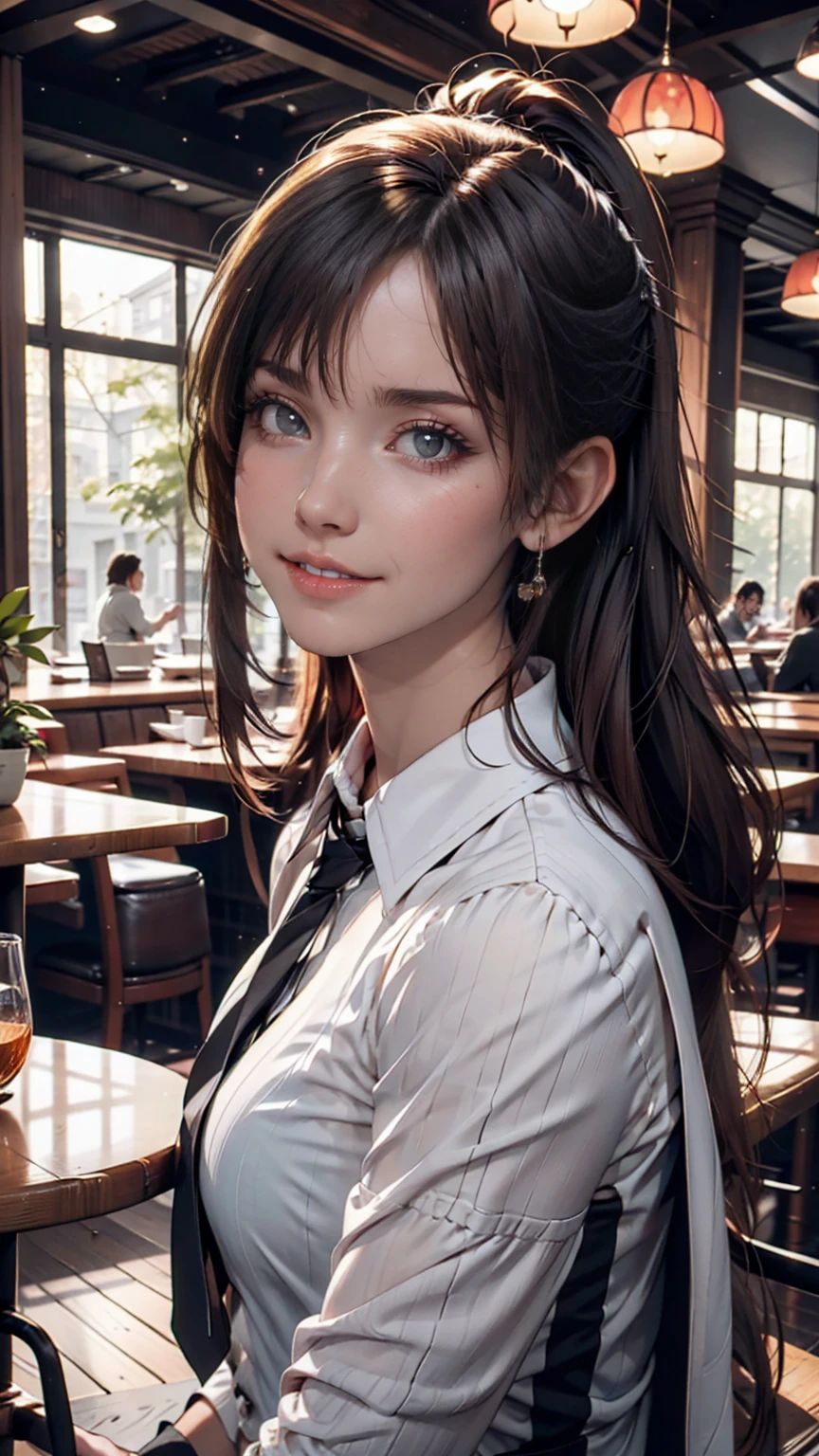 girl, Black Hair, sister, Tie your hair into a ponytail、Smile at the speaker, High-quality images, masterpiece, beautiful girl, Cafe,