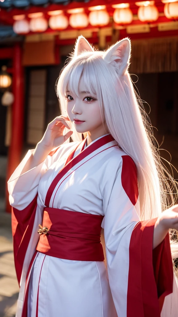 White Demon Fox、Nine-tailed Fox、Japanese women、kimono、Fair skin、Red lines on face、8K、I have long hair、night