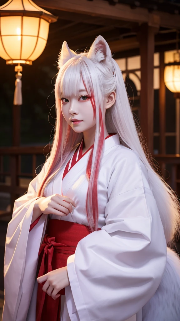 White Demon Fox、Nine-tailed Fox、Japanese women、kimono、Fair skin、Red lines on face、8K、I have long hair、night