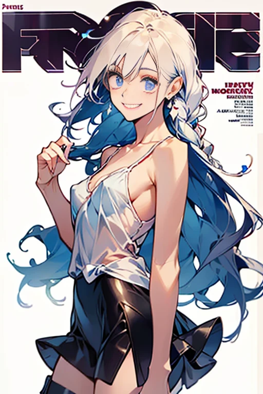 (small breasts:1.2), (perky chest:1.2), (pointed chest:1.2), (Panty magazine cover:1.3),(from below:1.0),(shoot from the side:1.1),masterpiece, 1girl, Amazing Cleavage:1.1, thin waist, optimum,tmasterpiece,hight resolution,best qualtiy,hyper HD,super detailing,awardwinning,a 18yo cute girl,(The upper part of the body),anatomy correct,Beautiful Black miniskirt,garters,Gaze,Small face,bangss,holster,Beautuful Women,hands up,leg holster,Gaze,black boots,Cowboy Shot,cute face,a blond,Longhaire,Twin-tailed,Braids, Hairline,(scarlet eyes),long eyelasher,Hanging eye corners,White skin of the, ((see through camisole:1.1)), ((Sheer nipples:1.0)),Rocket ,(Slim body),smile,seductive weak smiling,(with sparkling eyes and a contagious smile),little open mouth, Looking at Viewer,