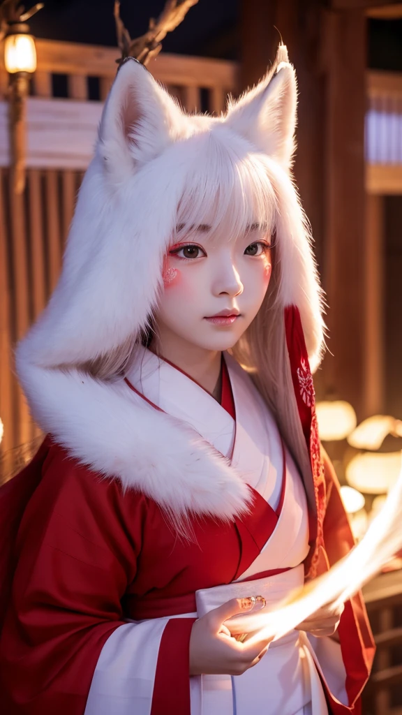 White Demon Fox、Nine-tailed Fox、Japanese women、kimono、Fair skin、Red lines on face、8K、I have long hair、night