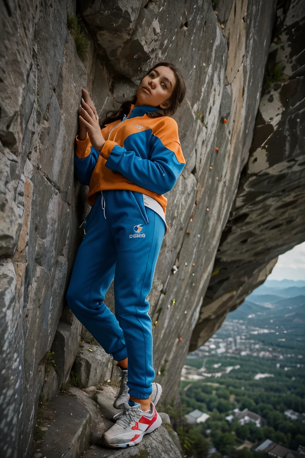 Young woman, climbin on a super tall mountain, hanging on the edge of a clive, free_solo, track suit, clive, climber, dangerous, dangerous, top view, 