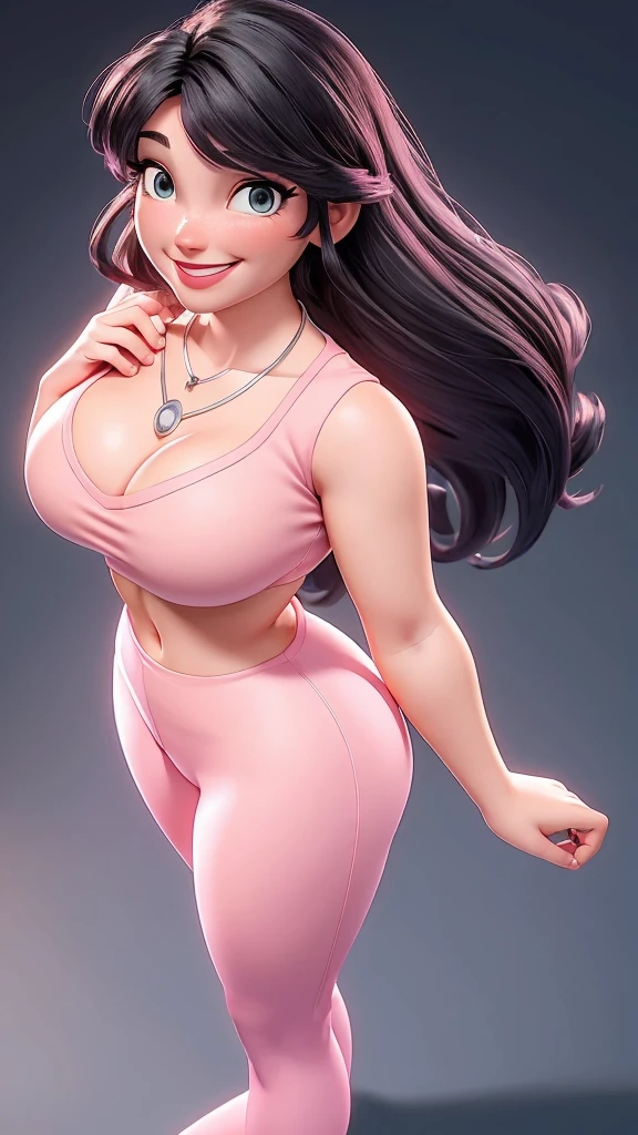Anna de Arendelle, (better quality:1.4), body focus, (cute face), piece of art, ultra-realistic, (((better quality))), ((beautiful finger)), , beautiful body, Great character design, ,Lighting perfeita, colorful, Bright_Lighting, ultra a high resolution, a high resolution, absurdities:1.2, hips:1.2, lens flare, (Bright_Work:1.2), (thick thighs:1.1), Thick,
Animated female character, smiling, curvy body, black hair, ((standing showing ass)), ((bare chest)), ((wear ultra-tight pink legging shorts)), large breasts with décolleté, silver necklace with pendant, wrinkles, Red lips, long hair, ((shot from above)), camera from above, (standing)