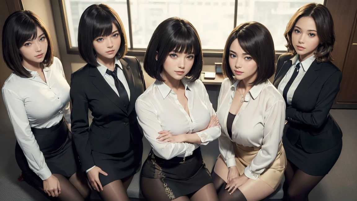(best quality, masterpiece:1.5), (ultra-detailed, realistic:1.37),4K,(5woman:1.5),(smile:1.2),(group photo),japanese,cute,beautiful,long bob cut hair,(big breast),(silk office suits),skirt,blouse,(black pantyhose),beauty legs,(sexy pose:1.1),(crossed arms:1.2),(angle from above:1.2),
