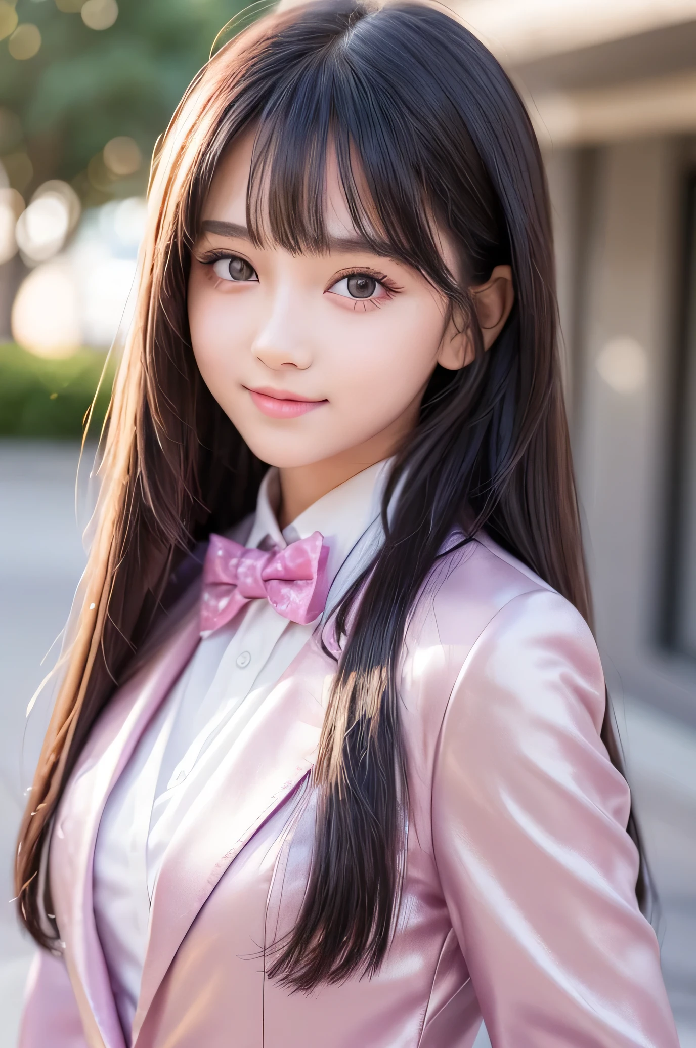 (Very beautiful  cute girl), (very  cute face:1.2),, (baby arking crystal clear attractive large eyes), Beautiful detailed eyes, Detailed double eyelids, (smiling), (realistic photograph:1.1), long straight hair,super shiny metallic dark blue blazer high-school uniform,pink neck bow tie