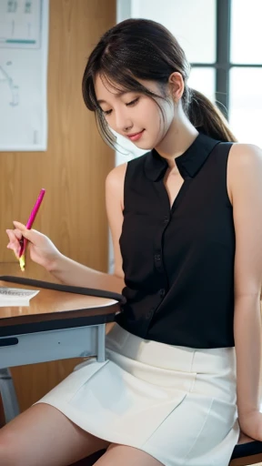 27-year-old woman sits at a classroom desk with a relaxed yet focused expression. She has long, straight, brown hair tied back in a low ponytail. She wears a sleeveless white blouse with delicate lace details around the collar and shoulders, paired with a short skirt. She is leaning slightly forward, appearing to write or mark papers on the desk in front of her. On the desk, there is a black document holder, a pink pencil holder, and some colored pencils. The background features a blackboard with some Japanese text and mathematical drawings. The setting gives the impression of a teacher or student in a classroom environment, with soft lighting creating a warm atmosphere."

This description should provide a clear visualization for generating a similar image.