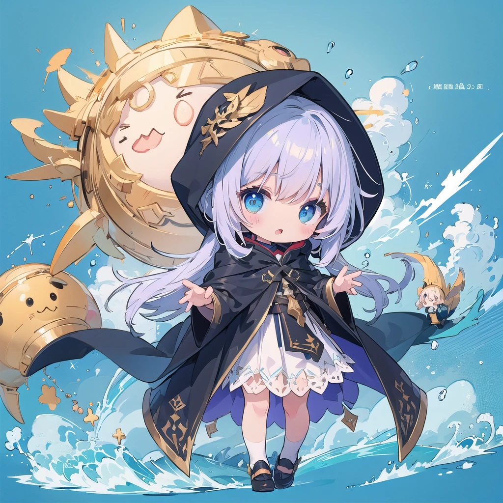 Chibi wearing a blue hooded cloak、The cape reaches down to the ankles、