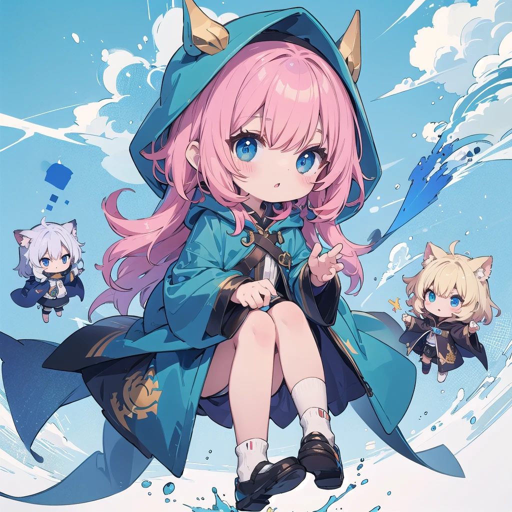 Chibi wearing a blue hooded cloak、The cape reaches down to the ankles、