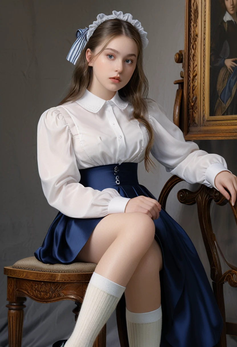 1 girl, (whole body), unknown , Detailed clothing, (Delicate illustrations:1.4),(Tabletop:1.0), (Highest quality:1.4), (Ultra-high resolution:1.2), (Realistic:1.4), (8k, RAW Photos:1.2), (Soft Focus:1.4), (18-year-old:1.3), (Sharp focus:1.4), (Renaissance art:1.4), Beautiful face in every detail, (White collar blouse, Silk White Socks, Dark Blue Skirt, Black pumps), Sit on a chair