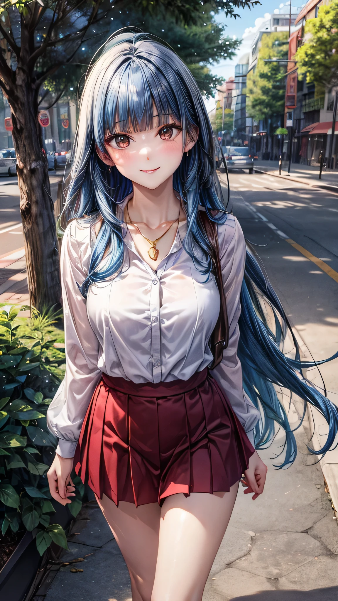 ((Highest quality, High resolution, masterpiece, detailed)),
Cowboy Shot, Written boundary depth, View your audience, Anatomically correct, 1people, woman, Perfect Face, Cute and symmetrical face, Shiny skin,
(Long Hair, Blue Hair, Blunt bangs), Chestnut brown eyes, (Large Breasts:0.8),
Beautiful details, Beautiful Hair, Beautiful Face, Beautiful clavicle, Beautiful body, Beautiful breasts, Beautiful thighs, Beautiful feet,
(White collared shirt, Wine red short skirt, Golden Necklace),
(Beautiful views), walk, Tree-lined street, (Cute Smile),