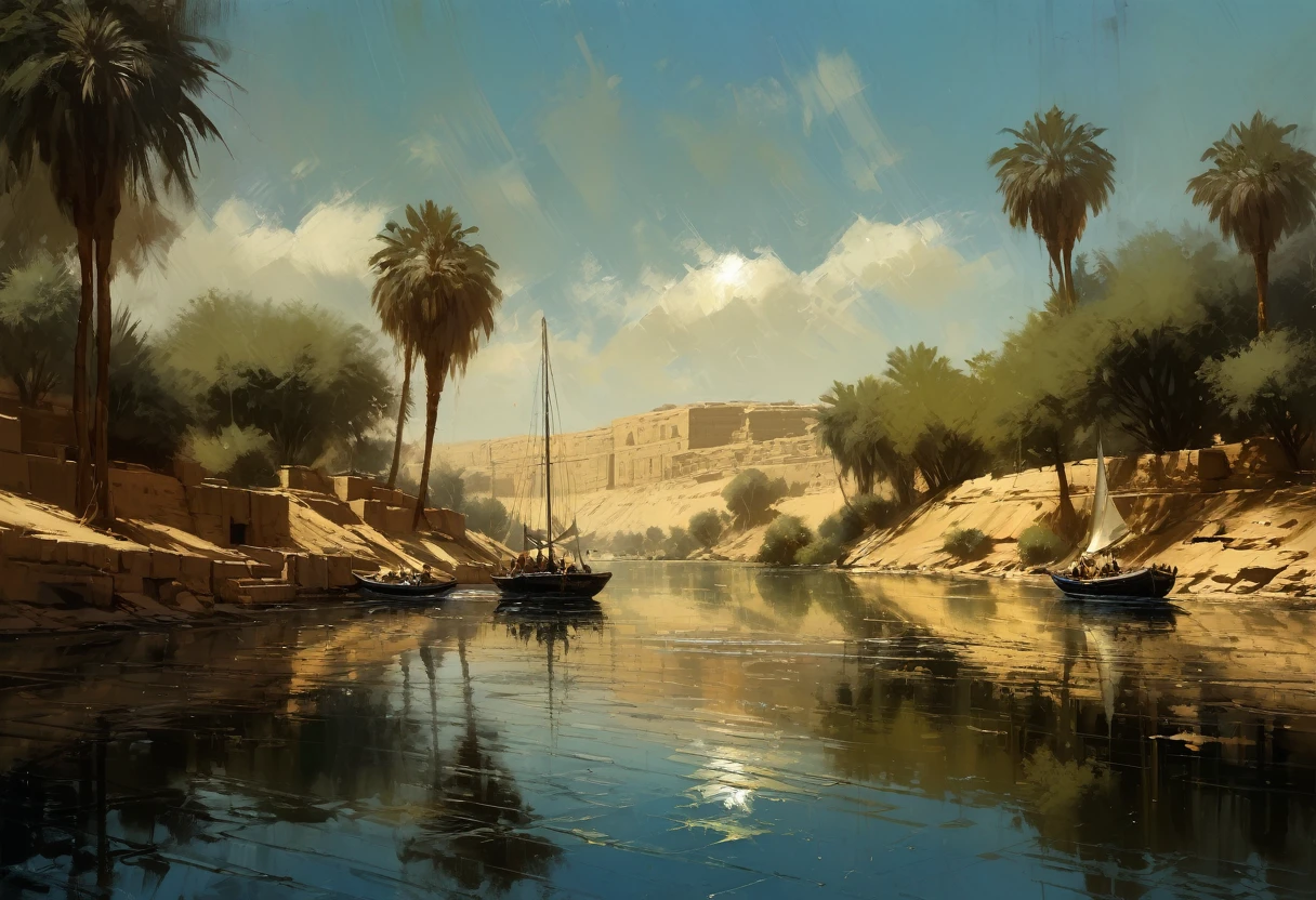 Jeremy Mann. (Nature and Landscapes painting) masterpiece. Impasto oil painting, textured. Saturated deep colors. High contrast. Detail. Multi-layered image with cellular shadows. Beautiful Landscapes, Perfect Nature, Nile landscape in Aswan, Sailboats on the Nile River Aswan, Clear Egyptian sky, featuring local flora and fauna, golden ratio, award winning, highly detailed, centered, drawn, complex, volumetric lighting, beautiful, masterpiece, depth of field, perfect composition, high resolution 8K, palette knife and brush strokes, Artistic style of a professional artist. , shadows rich in color, Artist does not use black, nature, full shot, symmetrical, Greg Rutkowski, Charlie Bowater, Beeple, Unreal 5, hyperrealistic, dynamic lighting, fantasy art