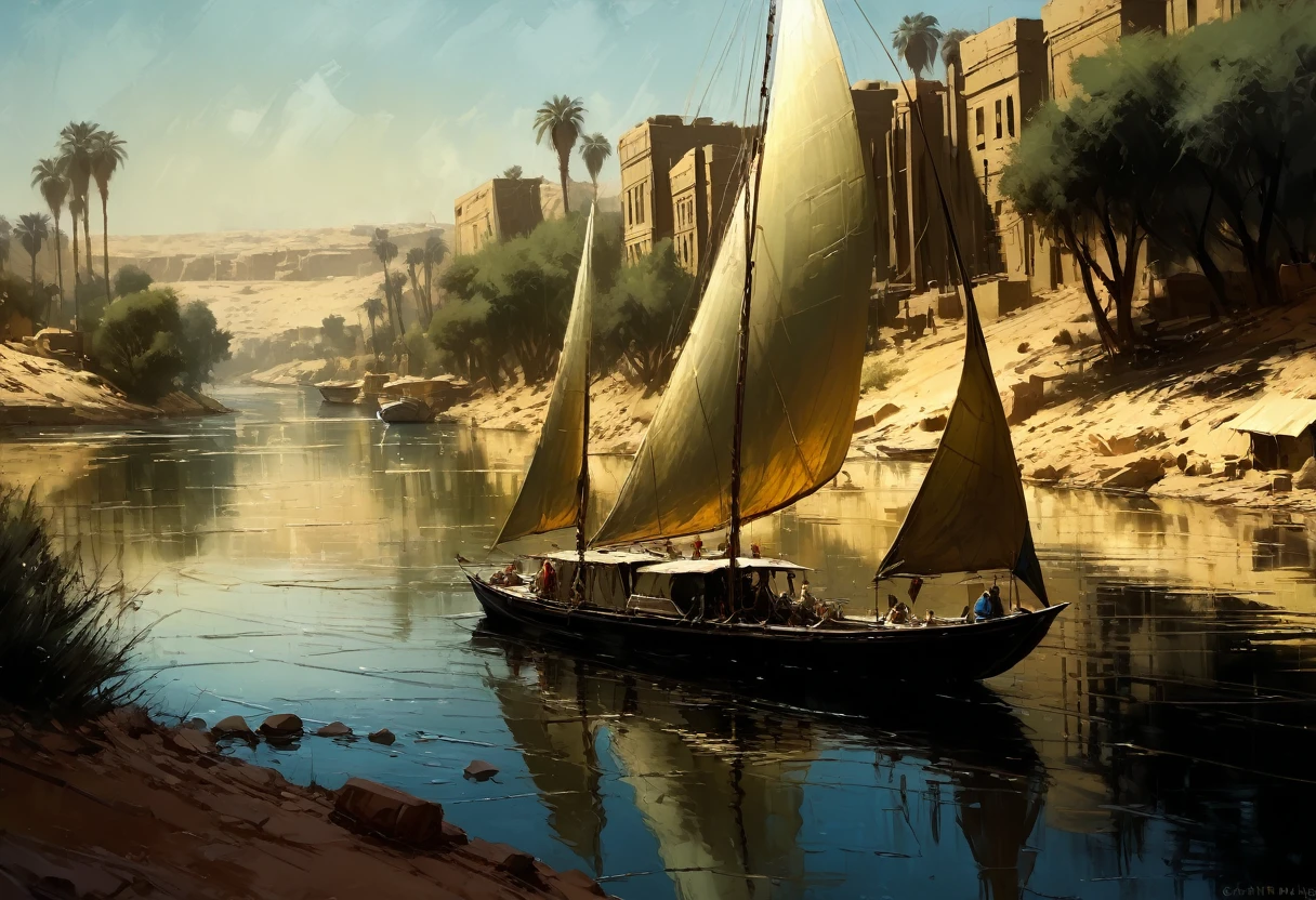 Jeremy Mann. (Nature and Landscapes painting) masterpiece. Impasto oil painting, textured. Saturated deep colors. High contrast. Detail. Multi-layered image with cellular shadows. Beautiful Landscapes, Perfect Nature, Nile landscape in Aswan, Sailboats on the Nile River Aswan, Clear Egyptian sky, featuring local flora and fauna, golden ratio, award winning, highly detailed, centered, drawn, complex, volumetric lighting, beautiful, masterpiece, depth of field, perfect composition, high resolution 8K, palette knife and brush strokes, Artistic style of a professional artist. , shadows rich in color, Artist does not use black, nature, full shot, symmetrical, Greg Rutkowski, Charlie Bowater, Beeple, Unreal 5, hyperrealistic, dynamic lighting, fantasy art
