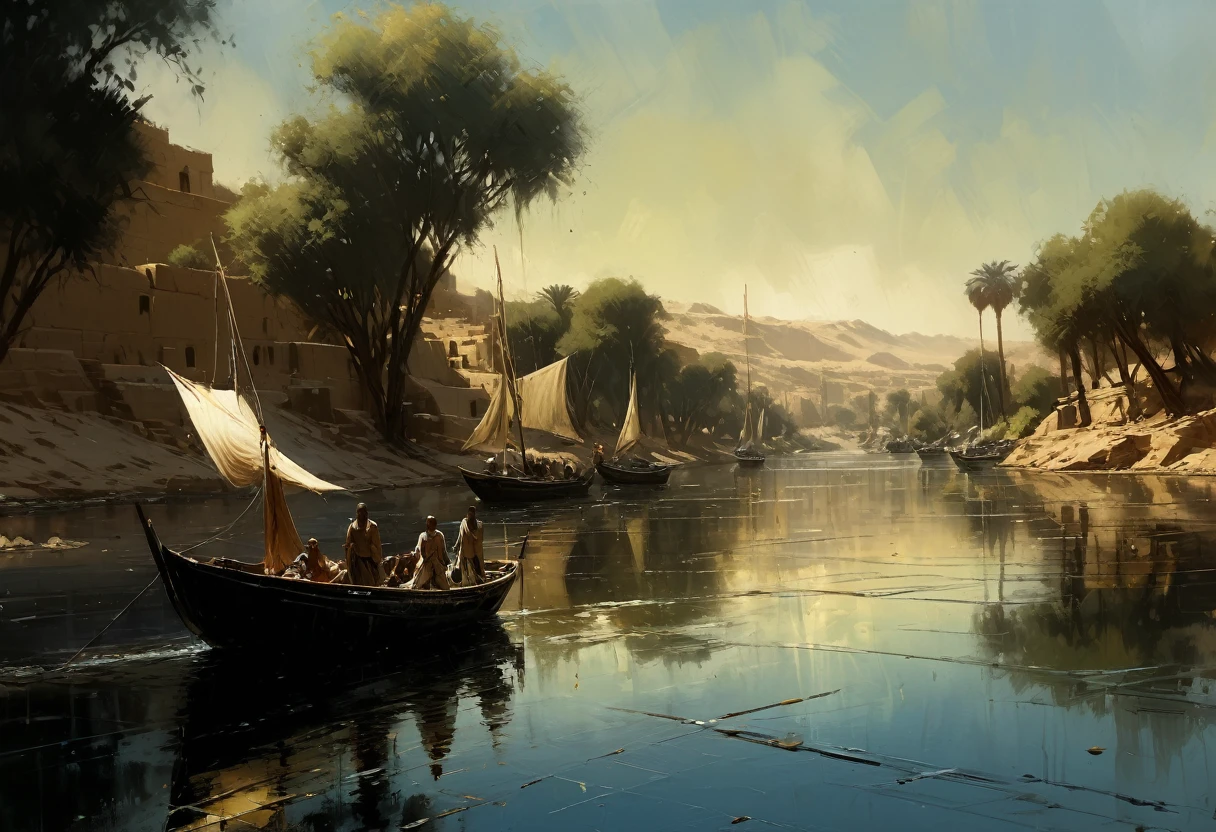 Jeremy Mann. (Nature and Landscapes painting) masterpiece. Impasto oil painting, textured. Saturated deep colors. High contrast. Detail. Multi-layered image with cellular shadows. Beautiful Landscapes, Perfect Nature, Nile landscape in Aswan, Sailboats on the Nile River Aswan, Clear Egyptian sky, featuring local flora and fauna, golden ratio, award winning, highly detailed, centered, drawn, complex, volumetric lighting, beautiful, masterpiece, depth of field, perfect composition, high resolution 8K, palette knife and brush strokes, Artistic style of a professional artist. , shadows rich in color, Artist does not use black, nature, full shot, symmetrical, Greg Rutkowski, Charlie Bowater, Beeple, Unreal 5, hyperrealistic, dynamic lighting, fantasy art