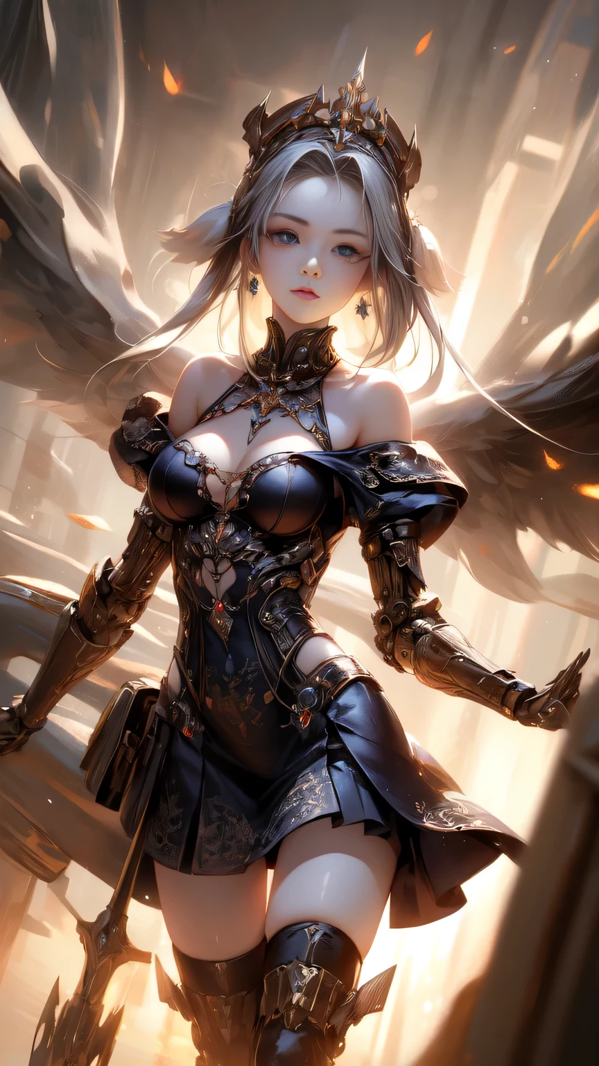 ((Highest quality)), ((Truly a masterpiece)), ((Ultra-detailed:1.4)), ((Ultra-Photorealistic 3D)), Android Magical Girl, Mechanical body, Dynamic action poses for battle scenes, Very complex and heavy fighter aircraft mechanical armament, Off-the-shoulder fashion that combines steampunk and gothic with attention to detail, Intricate steampunk headgear, Very thin、Over-the-knee reggae mechanical boots、Fluttering lace flare mini skirt、 Beautiful small breastted upwards、Swaying in the Wind、Long, curly silver hair,、Countless large, shining spheres fly around、Lots of sparks cross and fly、Countless neon lights pouring down from the magical pose、Complex and precise mechanical Night City、Very dark background、Very dramatic and cinematic lighting、Big wings on the back8Growing in Sheets。