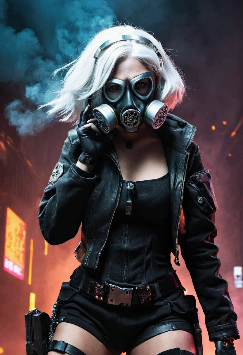 cyber punk、dark、gas mask、girl、Submachine gun in both hands、White Hair、Smoke erupts、Bright、Laser Light、beautiful、strong、Crouch down